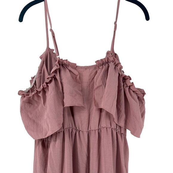 Pink Jumpsuit Off The Shoulder Ruffle Size M Lace Up V Neck Wide Leg Slit Boho - Picture 7 of 12